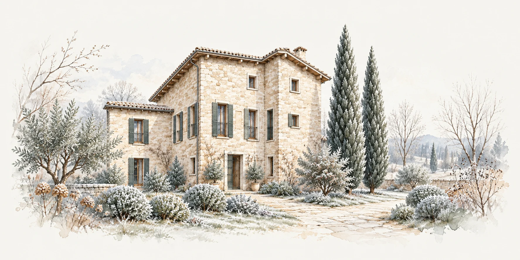 Interpretazione illustrata della cascina in pietra, tra cipressi e vegetazione invernale.