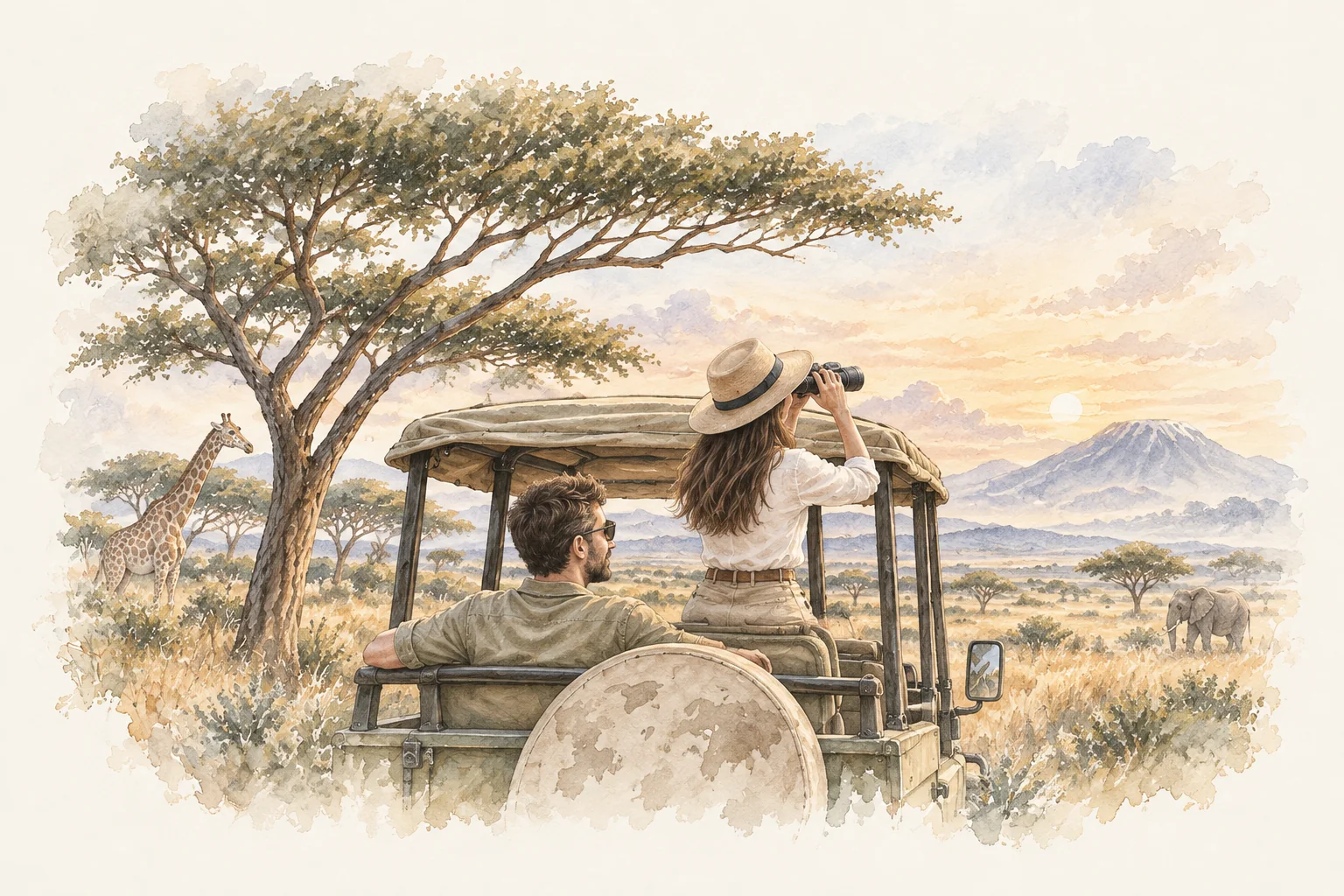 Andrea e Monia su una jeep nella savana della Tanzania, tra acacie e animali, in un’illustrazione ad acquerello.